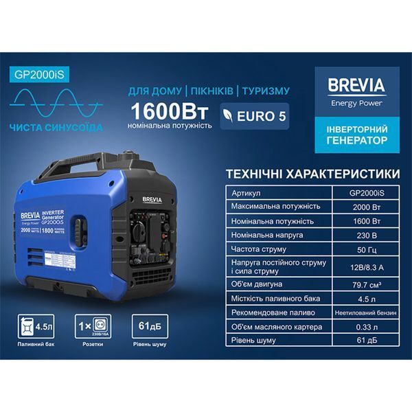 Генератор Brevia інверторний бензиновий 2,0кВт (ном 1,6кВт) GP2000iS фото