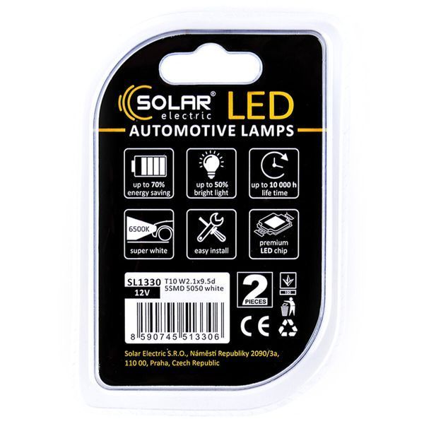 LED автолампа Solar 12V T10 W2.1x9.5d 5SMD white, 2шт SL1330 SL1330 фото