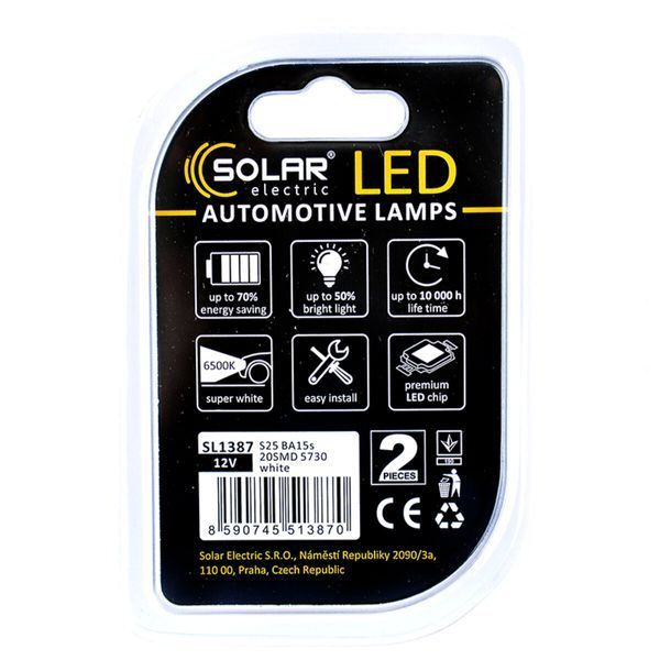 LED автолампа Solar 12V S25 BA15s 20SMD white, 2шт SL1387 фото