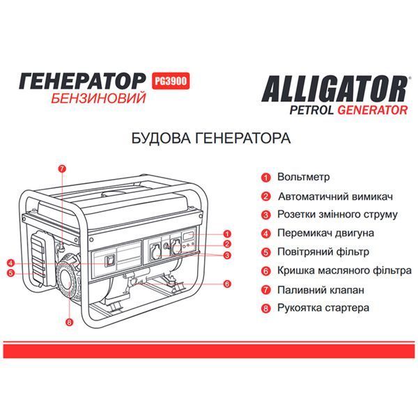 Генератор Alligator бензиновий 3,0кВт (ном 2,8кВт) PG3900 фото