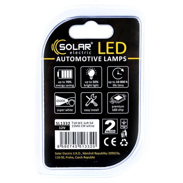 LED автолампа Solar 12V T10 W2.1x9.5d 1SMD white, 2шт SL1332 SL1332 фото