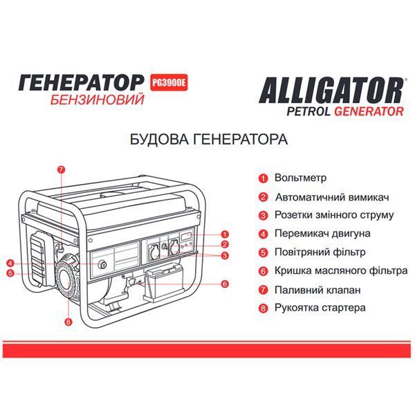 Генератор Alligator бензиновий 3,0кВт (ном 2,8кВт) з електростартером PG3900E фото