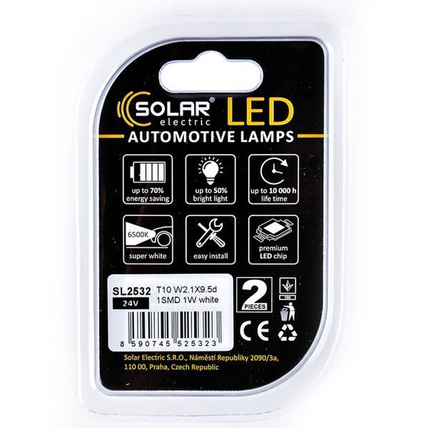 LED автолампа Solar 24V T10 W2.1x9.5d 1SMD white, 2шт SL2532 фото