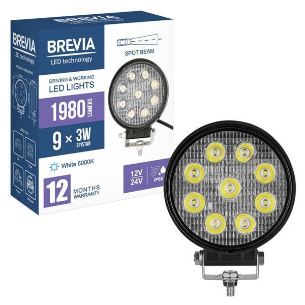 Фара світлодіодна Brevia EPISTAR Spot 10-30V, 27W (9x3W), 1980Lm, 1шт 10641RSX1 фото