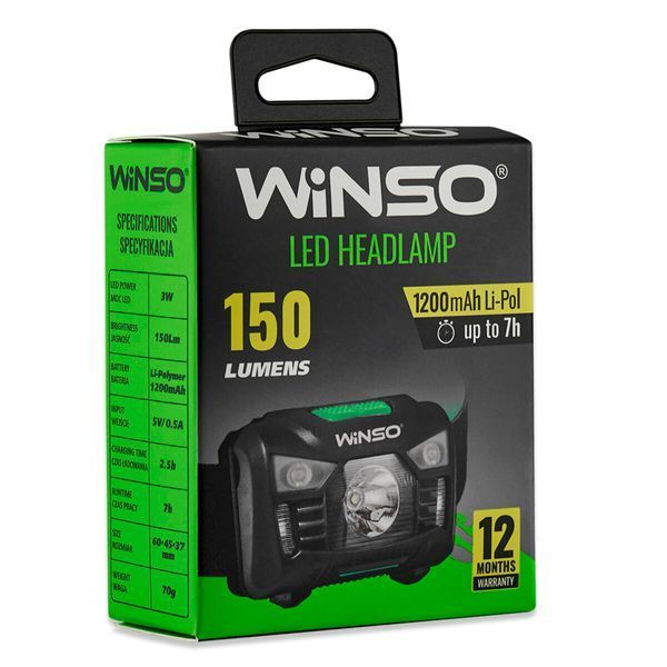 Ліхтар налобний Winso 150Lm, 3W LED, 1200mAh з сенсором білий/червоний 750220 фото
