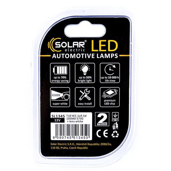 LED автолампа Solar 12V T10 W2.1x9.5d 10SMD white, 2шт SL1345 SL1345 фото