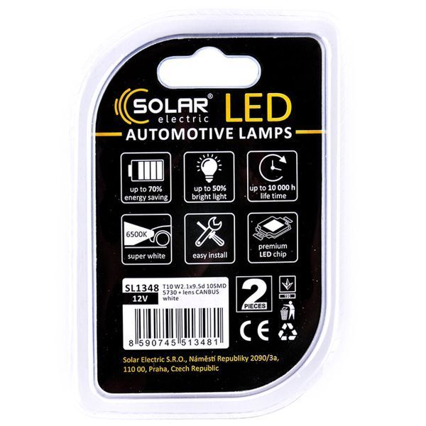LED автолампа Solar 12V T10 W2.1x9.5d 10SMD white, 2шт SL1348 SL1348 фото