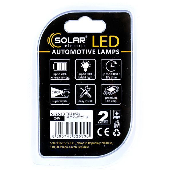 LED автолампа Solar 24V T8.5 BA9s 1SMD white, 2шт SL2533 фото
