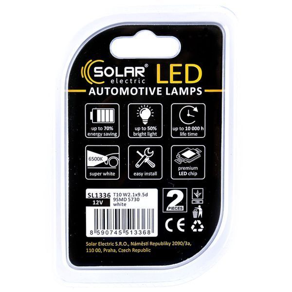 LED автолампа Solar 12V T10 W2.1x9.5d 9SMD white, 2шт SL1336 фото