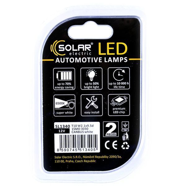 LED автолампа Solar 12V T10 W2.1x9.5d 1SMD white, 2шт SL1340 SL1340 фото