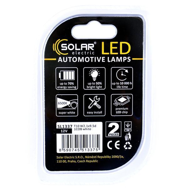 LED автолампа Solar 12V T10 W2.1x9.5d 1COB white, 2шт SL1337 SL1337 фото