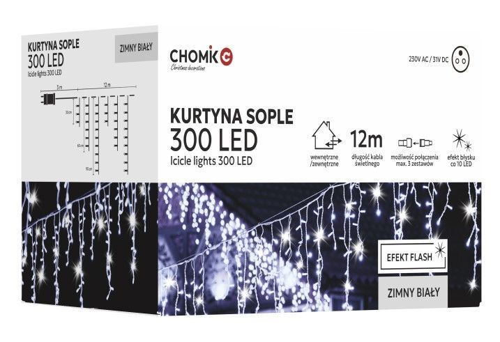 Гірлянда електрична Chomik Бахрома, 300 LED, 12м, холодний білий, від мережі 5900779879850 фото