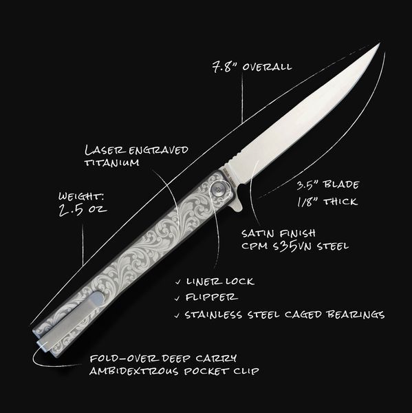 Ніж Ocaso Solstice, Engraved titanium, Scroll Pattern, Satin 4009338 фото