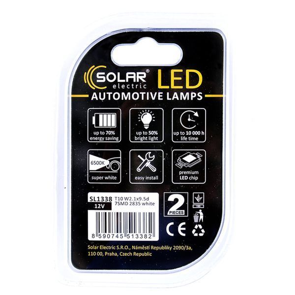 LED автолампа Solar 12V T10 W2.1x9.5d 7SMD white, 2шт SL1338 фото