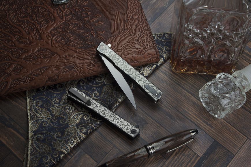 Ніж Ocaso Solstice, Engraved titanium, Scroll Pattern, Satin 4009338 фото