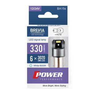 LED автолампа Brevia Power P21W 330Lm 6x3020SMD 12/24V CANbus, 2шт 10101X2 фото