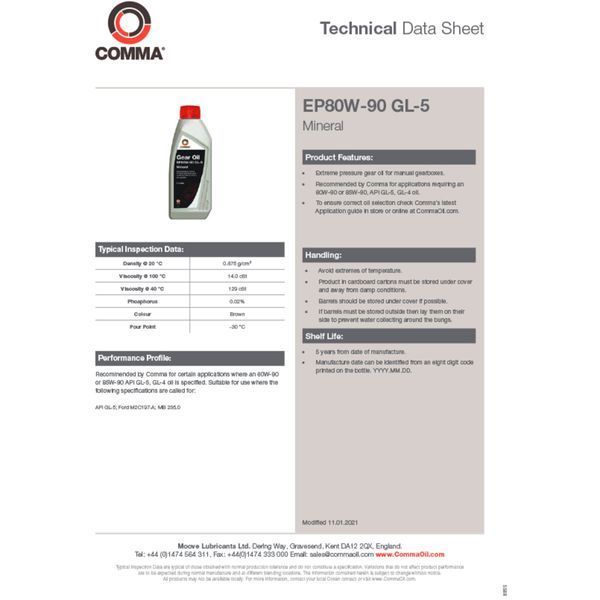 Трансмісійне масло Comma GEAR OIL EP80W-90 GL5 1л EP80901L фото
