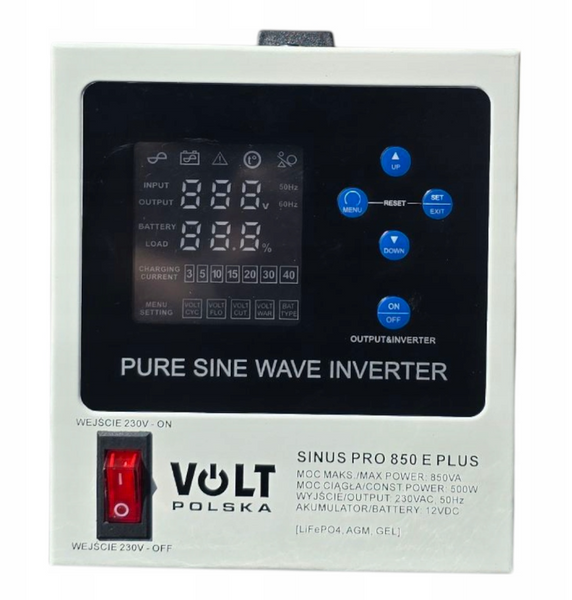 Комплект аварійного живлення VOLT Polska SINUS PRO 850 E PLUS 12/230V 500/850 Вт + AGM акумулятор 74 Ah 850EP74AGM фото