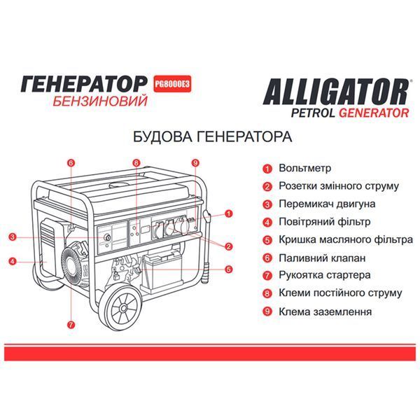 Генератор Alligator бензиновий 6,5кВт (ном 6,0кВт) з електростартером, 1 та 3 фази PG8000E3 фото
