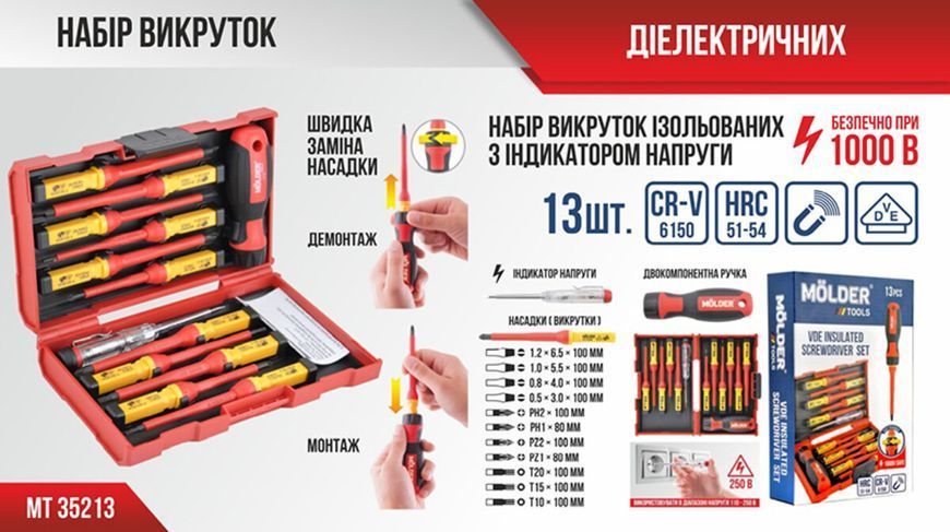 Набір викруток Molder ізольовані з індикатором напруги VDE 1000В 13шт MT35213 фото