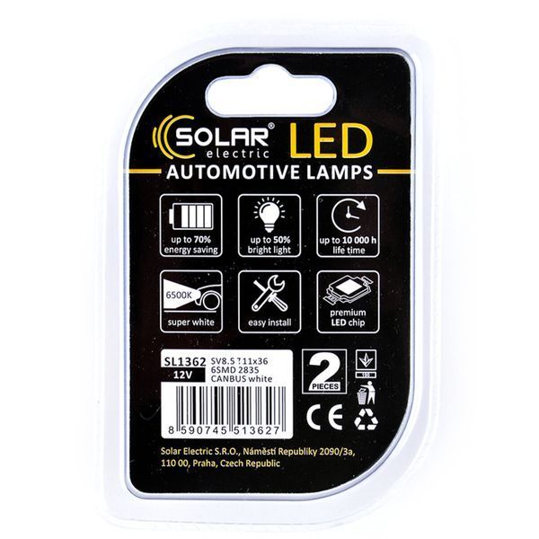 LED автолампа Solar 12V SV8.5 T11x36 6SMD white, 2шт SL1362 SL1362 фото
