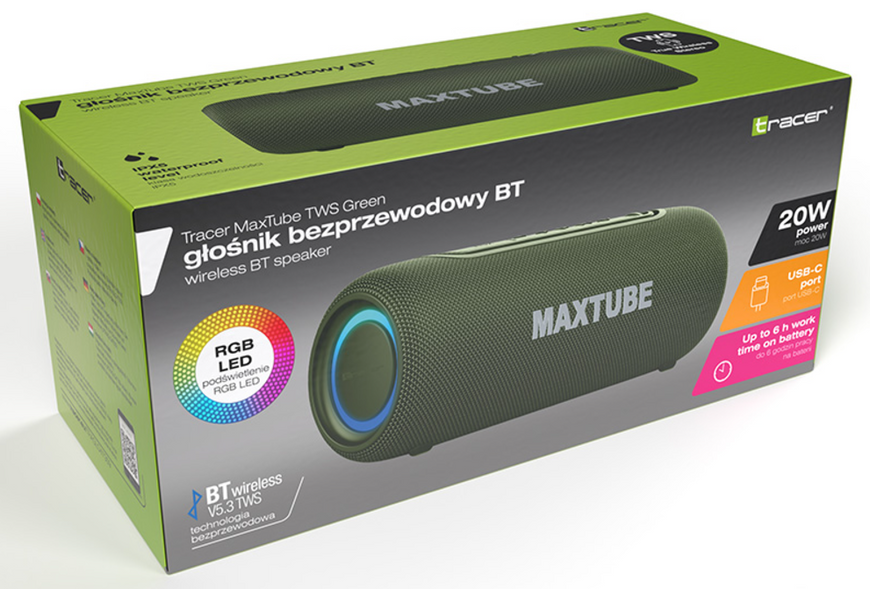Bluetooth колонка Tracer MaxTube TWS Green 20W (TRAGLO47359) TRAGLO47359 фото