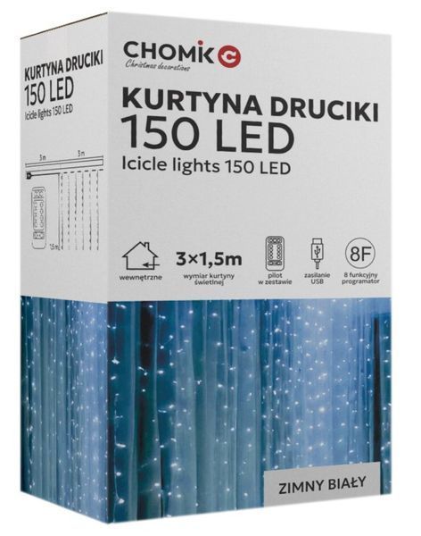 Гірлянда електрична Chomik Штора, 150 LED, холодний білий, 3x1,5м, USB, з пультом, від мережі 5900779898493 фото