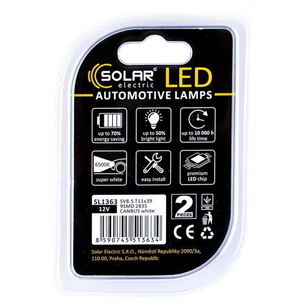 LED автолампа Solar 12V SV8.5 T11x39 9SMD white, 2шт SL1363 фото