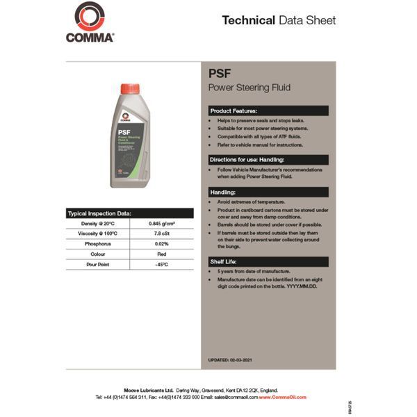 Гідравлічна рідина Comma POWER STEERING FLUID 1л PSF1L фото