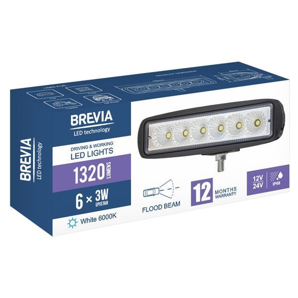 Фара світлодіодна Brevia EPISTAR Flood 10-30V, 18W (6x3W), 1320Lm, 1шт 10611FX1 фото