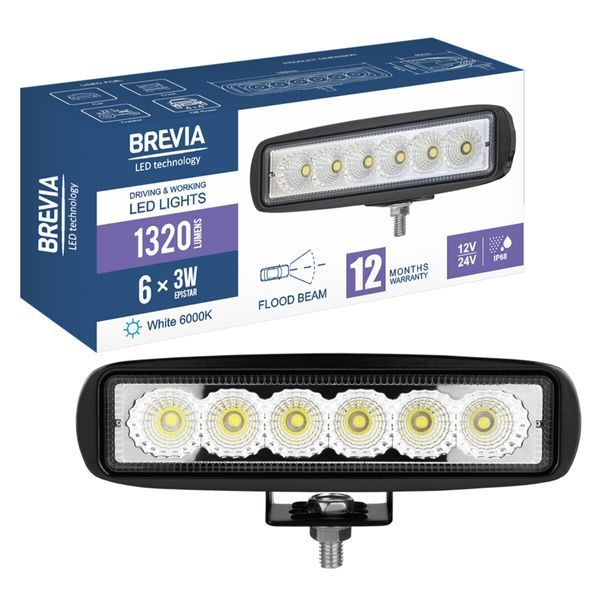 Фара світлодіодна Brevia EPISTAR Flood 10-30V, 18W (6x3W), 1320Lm, 1шт 10611FX1 фото