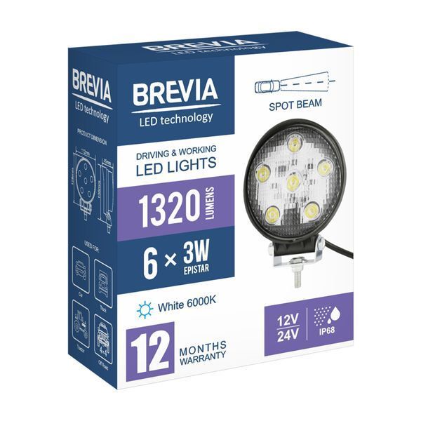 Фара світлодіодна Brevia EPISTAR Spot 10-30V, 18W (6x3W), 1320Lm, 1шт 10621RSX1 фото