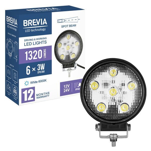 Фара світлодіодна Brevia EPISTAR Spot 10-30V, 18W (6x3W), 1320Lm, 1шт 10621RSX1 фото