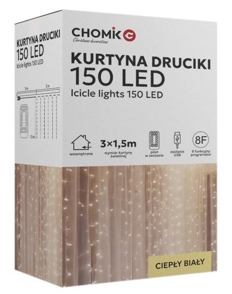 Гірлянда електрична Chomik Штора, 150 LED теплий білий, 3x1,5м, USB, з пультом, від мережі 5900779898479 фото