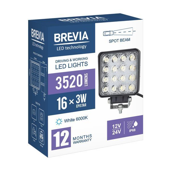 Фара світлодіодна Brevia EPISTAR white Spot 10-30V, 48W (16x3W), 3520Lm, 1шт 10652QSX1 фото