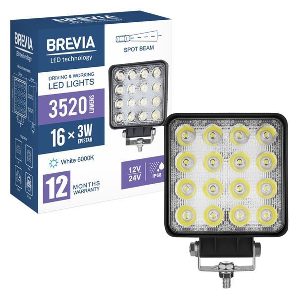 Фара світлодіодна Brevia EPISTAR white Spot 10-30V, 48W (16x3W), 3520Lm, 1шт 10652QSX1 фото