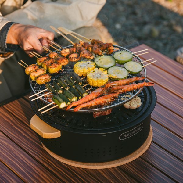 Настільна кругла піч із решіткою та сковорідкою Naturehike CNK2550CF010, 36*32.6*12 см, хромоване залізо 6977465869364 фото