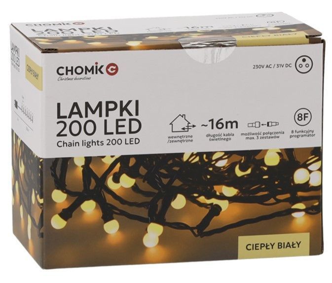 Гірлянда електрична Chomik Кульки-змійка, 200 LED, 16м, теплий білий, від мережі 5900779880146 фото