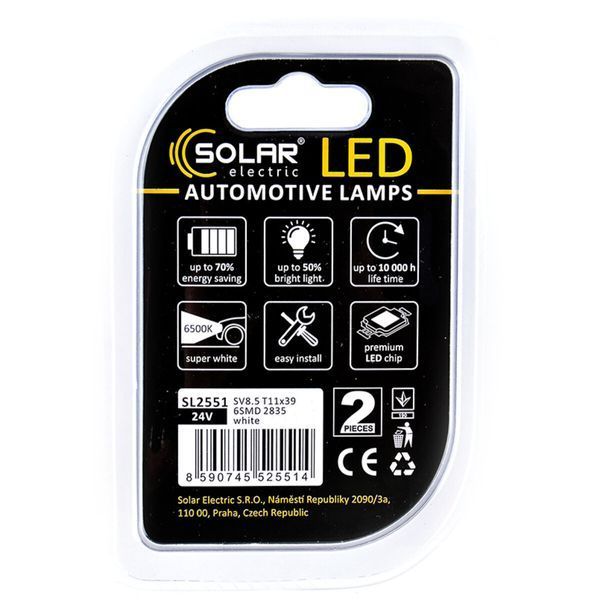 LED автолампа Solar 24V SV8.5 T11x39 6SMD white, 2шт SL2551 фото