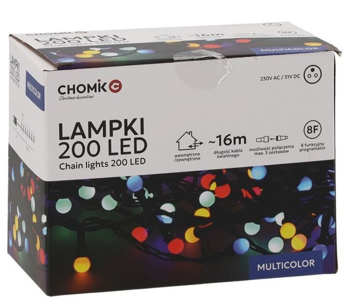 Гірлянда електрична Chomik Кульки-змійка, 200 LED, 16м, мультиколор, від мережі 5900779880160 фото