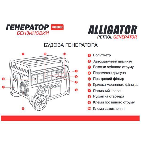 Генератор Alligator бензиновий 6,5кВт (ном 6,0кВт) з електростартером PG8000E фото
