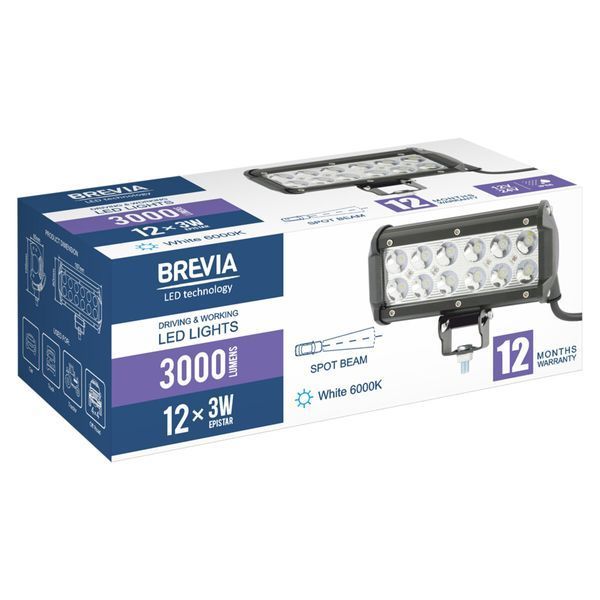 Фара світлодіодна Brevia CREE Spot 10-30V, 36W (12x3W), 3000Lm, 1шт 10712SX1 фото